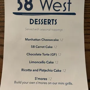Desserts menu