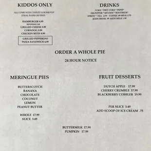 Kids/pies/dessert menu