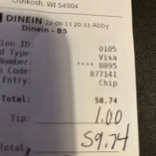 My bill, plus tip because server didn't care.