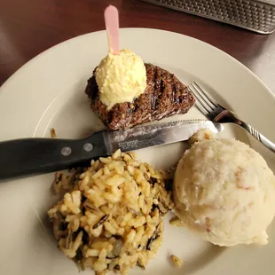 steak, rice, and ice cream