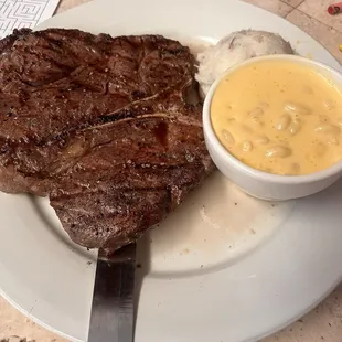 Porterhouse with Mac n' Cheese and Mashed potatoes