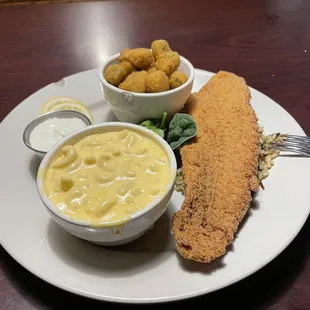 Catfish, Mac and Cheese, Okra, Tartar Sauce