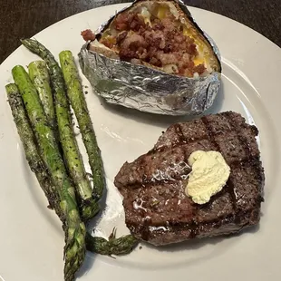 8oz Sirloin,  baked potato &amp; grilled asparagus.