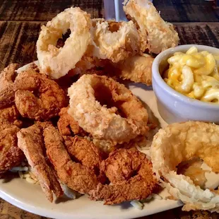 Fried shrimp dinner with onion rings and Mac &amp; cheese.  Great shrimp.