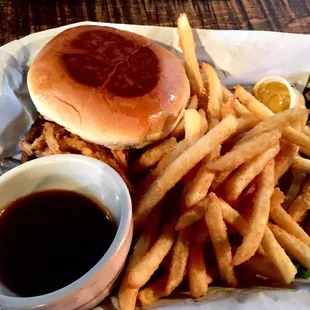 Bbq burger with fries, bbq sauce on side at my request.