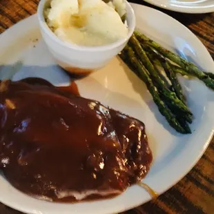 Jalapeños &amp; cheese stuffed hamburger steak with mashed potatoes &amp; asparagus.