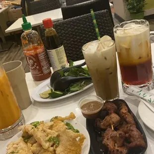 Thai Ice Tea, Thai iced coffee, Fish Katsu, and chicken Satay Chicken. Get the Fish Katsu!
