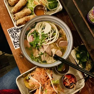 Spring Rolls, 5 Spice Special Pho, Battered Fried Fish Taco