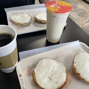 2 bagel with cream cheese , tall black Colombian coffee and iced vanilla latte