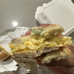 Sausage Eggs and cheese on jalapeño bagel.