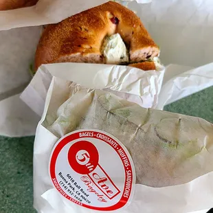 Heavenly Veggie on a Super Berry Bagel. The other is a Turkey on a Plain Cheese Bagel.