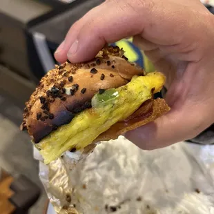 Burnt veggie scramble bagel