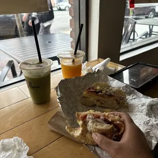 Thai green tea, Fresh squeeze orange juice, everything bagel with cream cheese, egg &amp; cheese, bacon, turkey, tomato and onions. Mmmm!