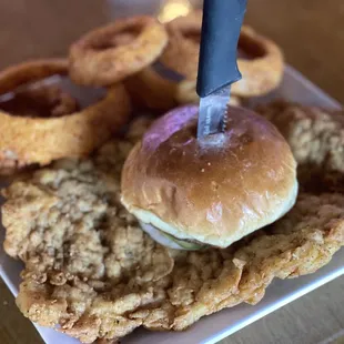 Number 1 selling hand breaded tenderloin and made in house onion rings