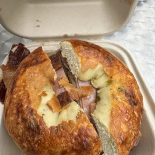 ##3 HAM BACON SAUSAGE EGG &amp; CHEESE BAGEL on jalapeño cheese bagel