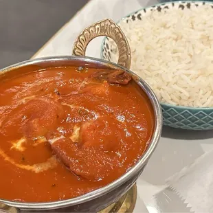 Comforting Shrimp Tikka Masala and Basmati Rice. Keepin' it mild for me in this heat. LOL. @ 5th Element Taste of India.