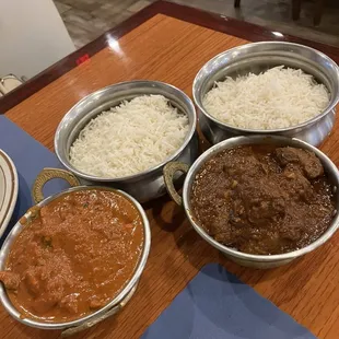 2 Indian chicken and lamb dishes with rice both very good