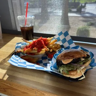 The Veggie burger and flaming devil fries