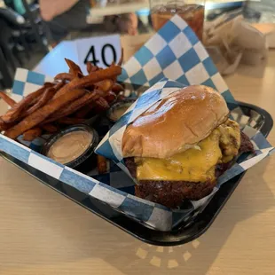 a cheeseburger and fries