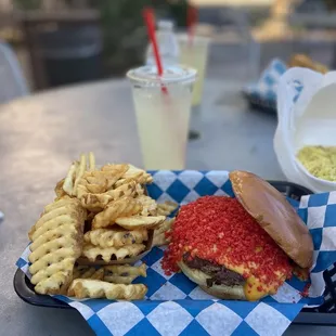 Flaming devil burger with waffle fries