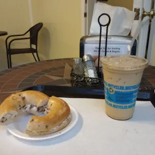 My Sugar Free Caramel Iced Coffee and Chocolate Chip Cream Cheese Bagel