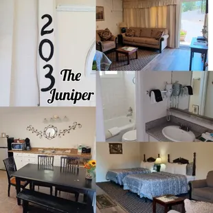 This room has two Queen beds, large sitting and dinning area, full bathroom. Also has a pull out couch. Great for a familia of 6.