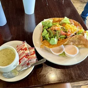 Creamy jalapeño soup and the big taco salad.