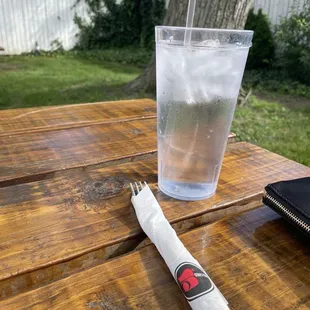 Patio outside with picnic tables