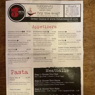 First page of menu
