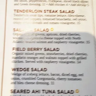 the menu for salads