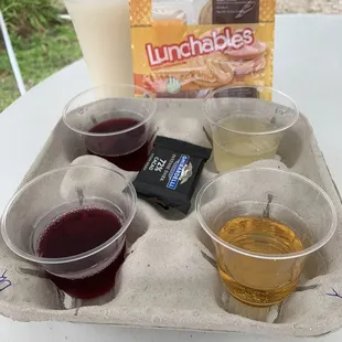 Flirty flight- Derby Red, Derby Red sangria, Yeti Cider and moscato