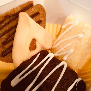 Dark chocolate brownies, lemon brownies, apricot filled Hamantaschen, and coffee shortbread filled gift box