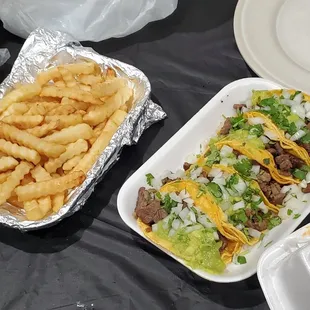 Side of fries and Carne Asada Tacos