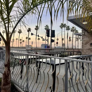 Outdoor patio with a view of the Huntington Pier