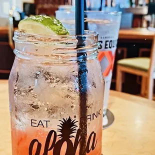 a drink in a mason jar