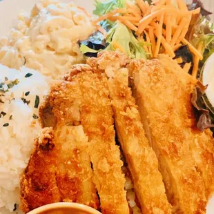 Chicken Katsu with rice, salad, &amp; mac salad $14