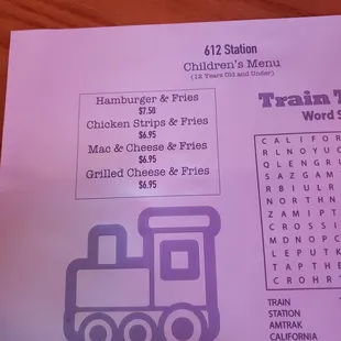 Kids menu