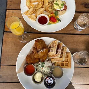 Fried Chicken &amp; Waffles, Classic Eggs Benedict, Mimosa
