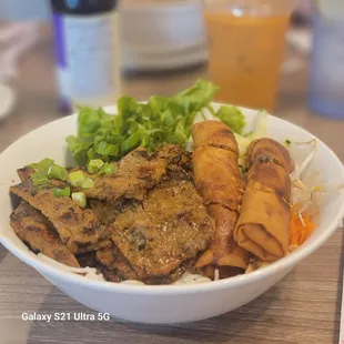 Vermicelli with beef and eggrolls