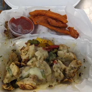 Philly chicken with no bread and sweet potato fries