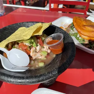 Tostada ceviche with shrimp (salsa on the side was SPICY!) and Toastabirria