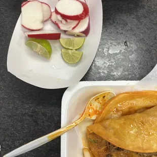 Radishes, lime, birria taco