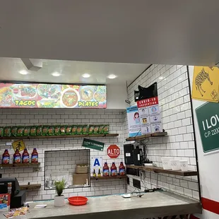 a view of a restaurant counter