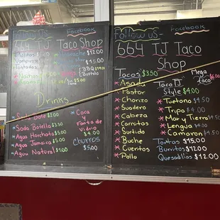 Menu items and prices