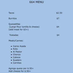 Menu for 664 Tj Taco Truck