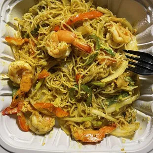 Singapore noodles with shrimp.