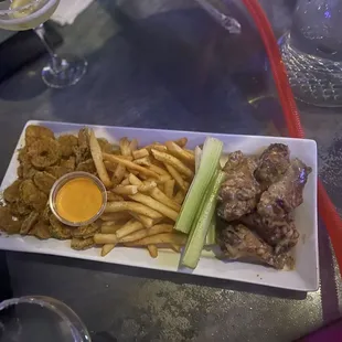 Fried pickles and parm wings and fries