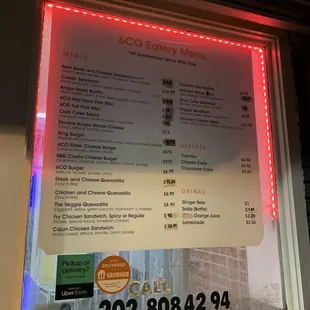a menu on a window