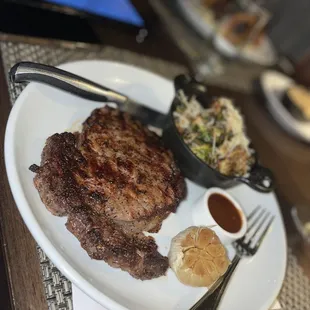 16oz Ribeye ,Whipped Potatoes, Crispy Glazed Brussels Sprouts