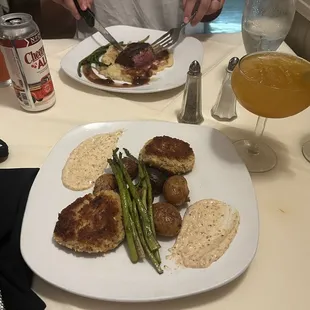 Pan Seared Crabcakes and Grilled Filet Mignon, noda ale and a margarita